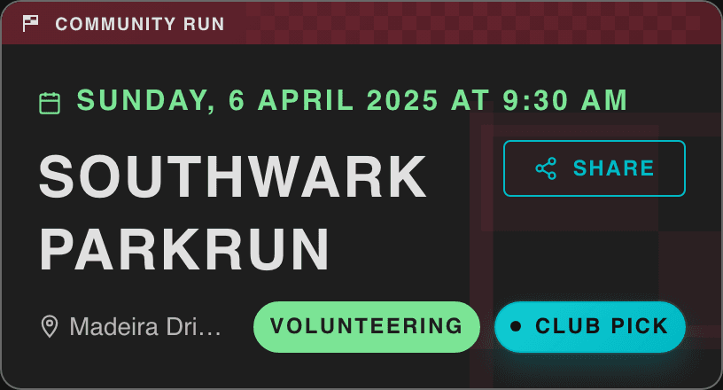 The event page header for Southwark parkrun, a community run on Sunday 6 April 2025 at 9:30 am, with a share button, the viewer marked as volunteering, and the event picked out by their club.