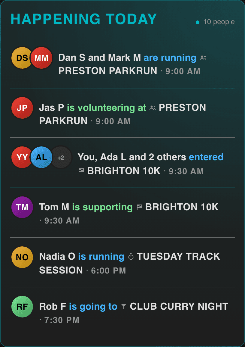 A Happening today list of ten people: two clubmates running Preston parkrun at 9 am, one volunteering there, four including the viewer entered for the Brighton 10K at 9:30, one supporting it, one running a Tuesday track session, and one going to a club curry night.