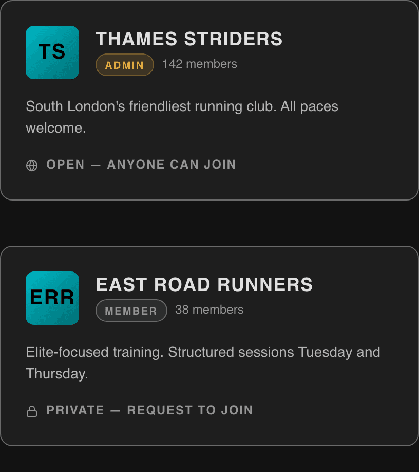 Two club cards. Thames Striders, 142 members, open for anyone to join, where the viewer is an admin. East Road Runners, 38 members, private and join by request, where the viewer is a member.